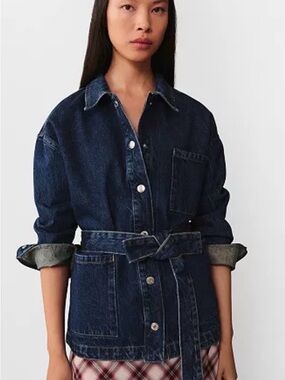 Mango Dark Blue Denim Jacket with Bow Belt NWOT